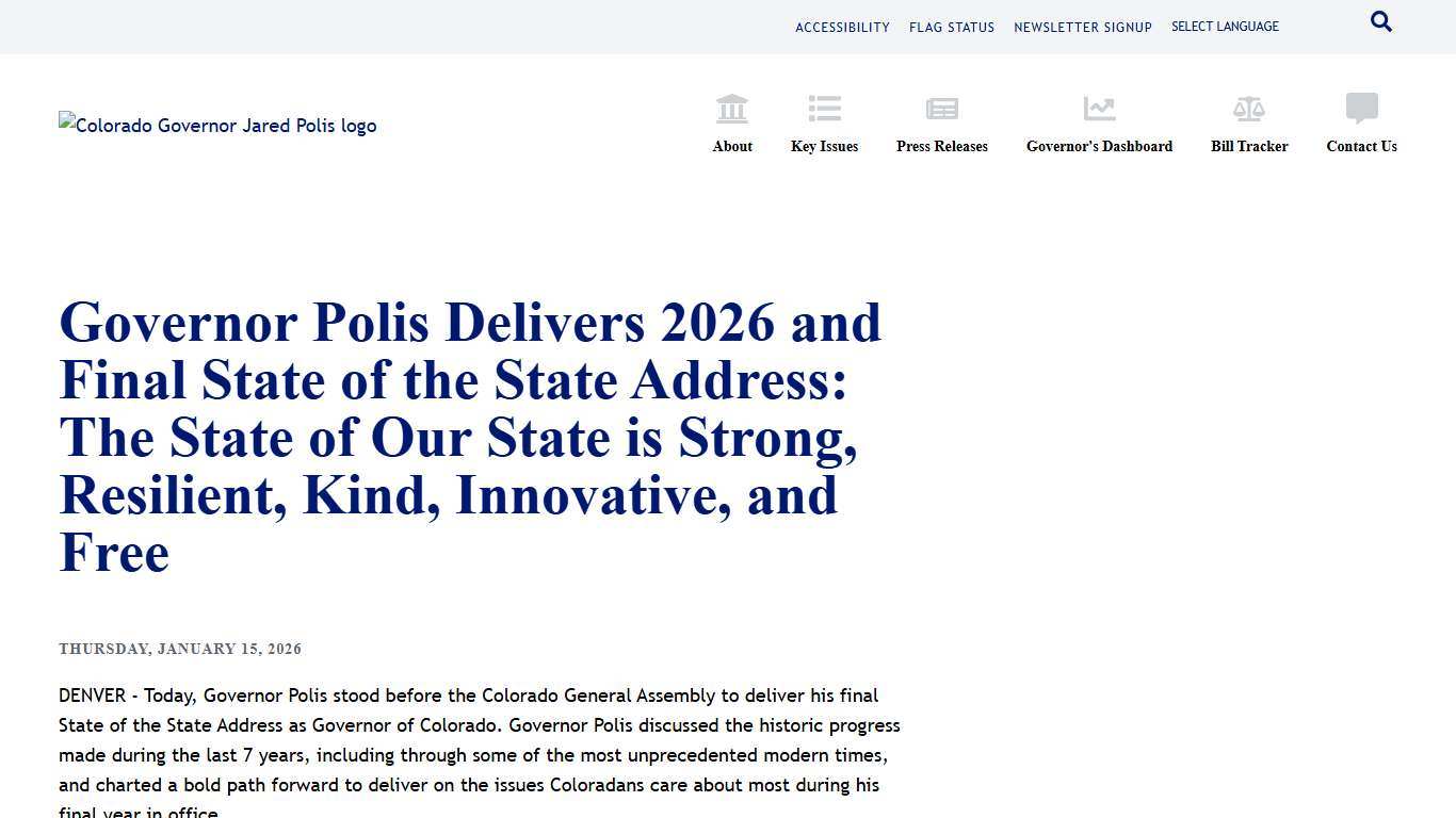Governor Polis Delivers 2026 and Final State of the State Address: The State of Our State is Strong, Resilient, Kind, Innovative, and Free Colorado Governor Jared Polis