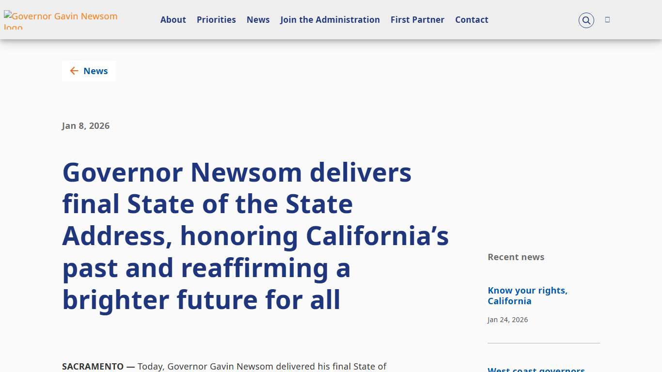 Governor Newsom delivers final State of the State Address, honoring California’s past and reaffirming a brighter future for all Governor of California