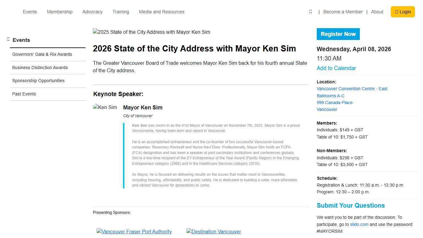 2026 State of the City Address with Mayor Ken Sim - Greater Vancouver Board of Trade