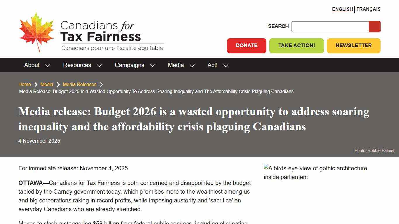 Media release: Budget 2026 is a wasted opportunity to address soaring inequality and the affordability crisis plaguing Canadians Canadians for Tax Fairness